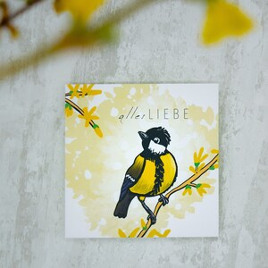 Quadratische Postkarte Kohlmeise "ALLES LIEBE" - auf Forsythie - optional inklusive Umschlag