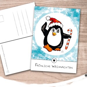 Liebevoll illustrierte Weihnachtspostkarte DIN A6 "fröhlicher PINGUIN mit ZUCKERSTANGE"