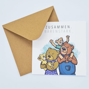Quadratische Bären-Postkarte "ZUSAMMEN BÄRENSTARK" - Familie - Zusammenhalt