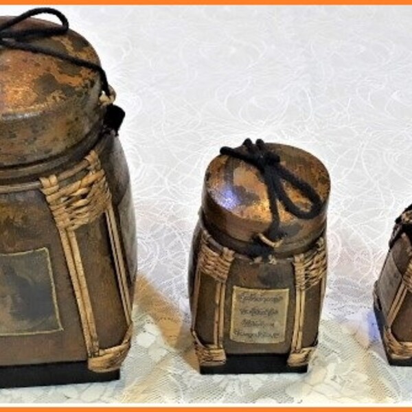 Olden-style Thai Rice Jar, Pot, Basket, Caddy, Canister, Set. Hand-woven Bamboo, Cane, Clay slip, Hand-painted. Grains, Spices, Nuts etc.