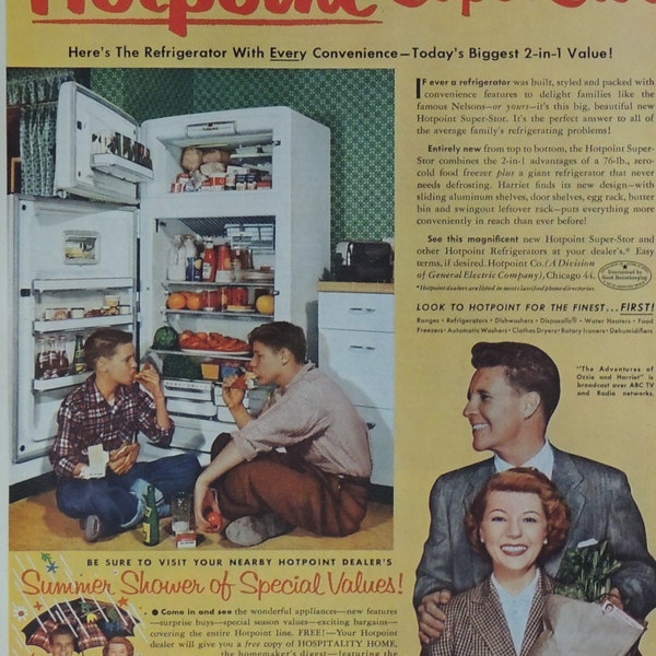 1953 Ozzie and Harriet Hotpoint Refrigerator Vintage Magazine Advertisement, 1950s Hollywood Television Appliance Ad, Kitchen Diner Decor