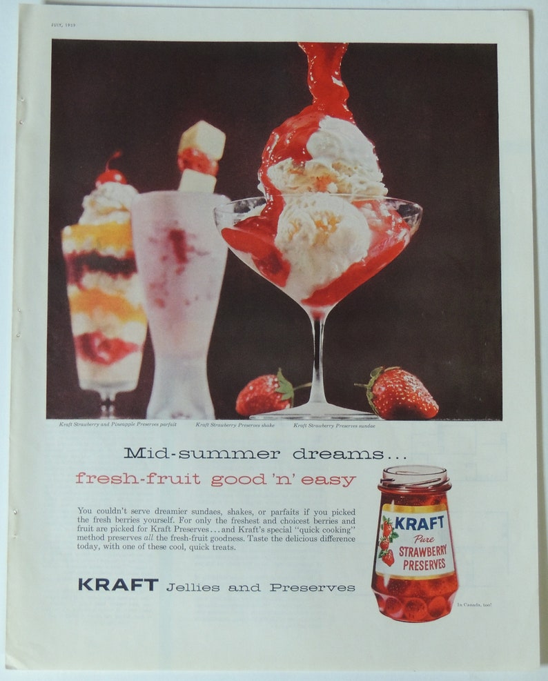 1959 Kraft Pure Strawberry Preserves Vintage Magazine Ad Vintage Jellies and Jams Advertisement Print Retro Kitchen Ice Cream Wall Decor