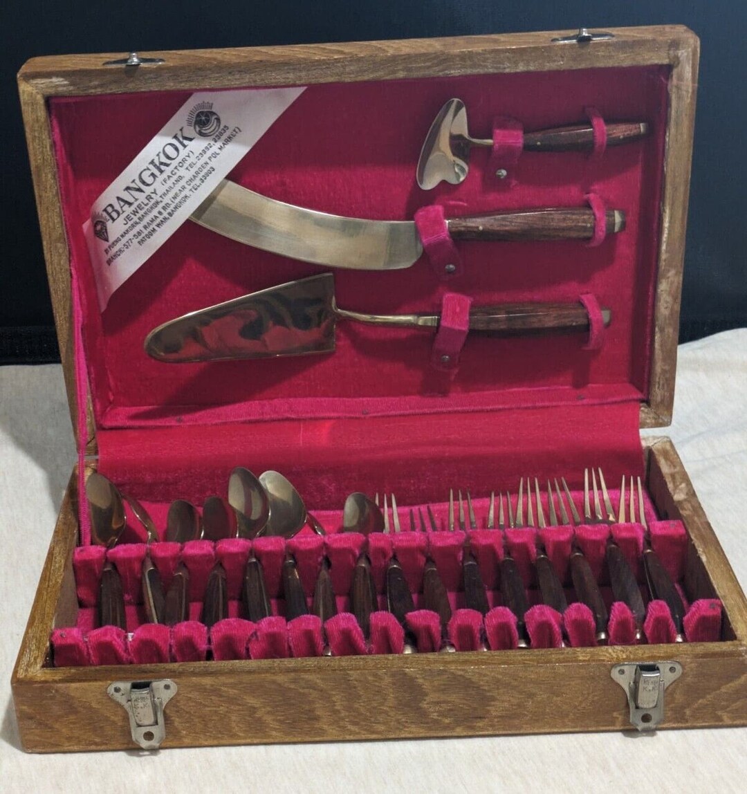 Vintage Thai Gems Factory 19 PC Brass Teak Handle Serving Flatware W