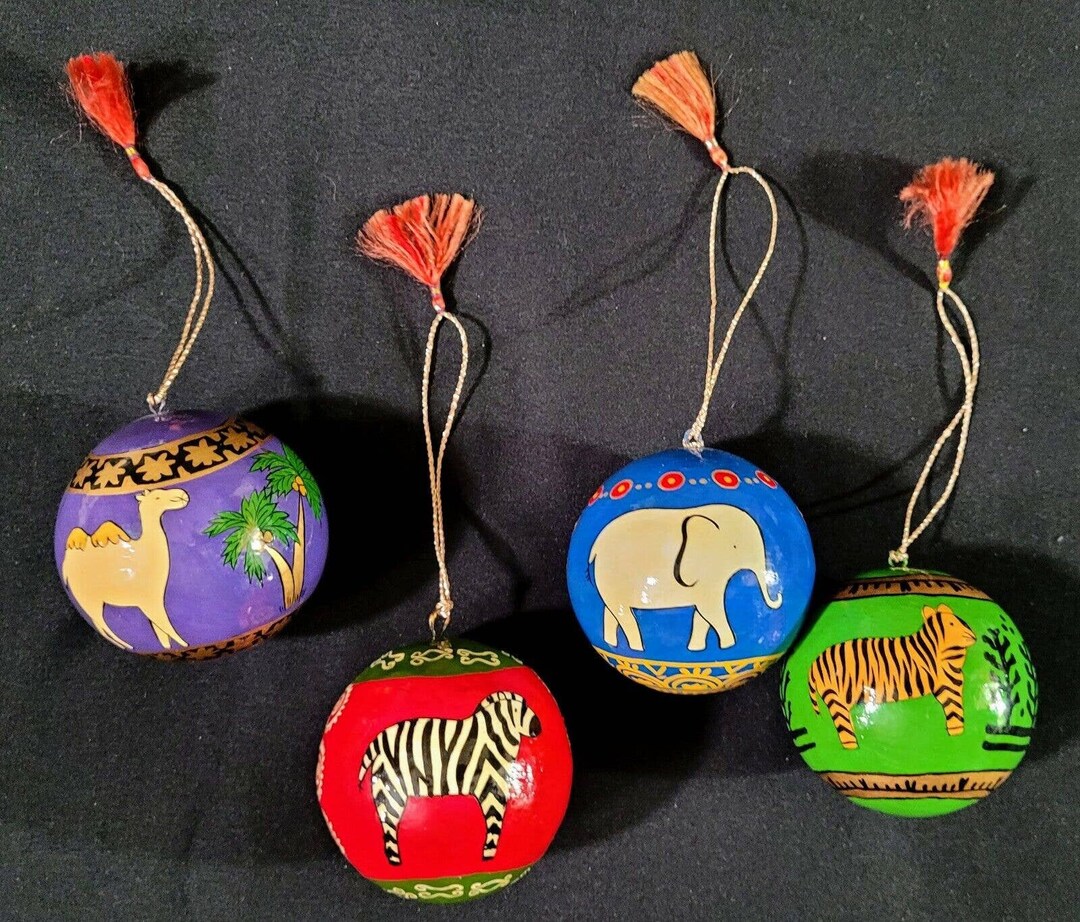 Set of 4 Paper Mache Safari Animal 3 Christmas Balls Ornaments African