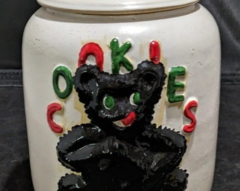 Old Vintage 1930s Stoneware Cookie Jar With Black Bear and "Cookie" Image 9.5"