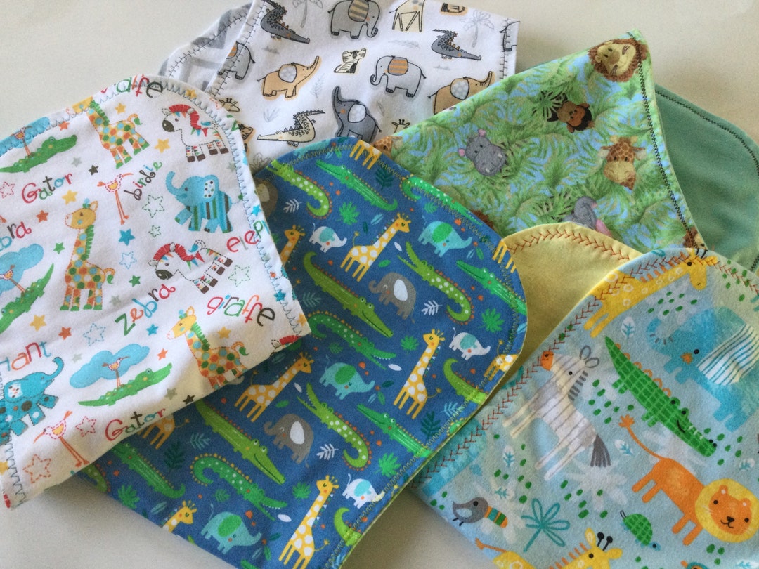 Animal Safari 5 Flannel Burp Cloths, Double Sided, Embroidered