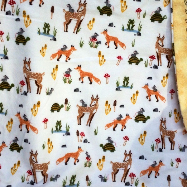 Forest Friends~Deer, Fox and Friends on a large (40”x40”) two-sided flannel blanket. Embroidered edges. Free shipping