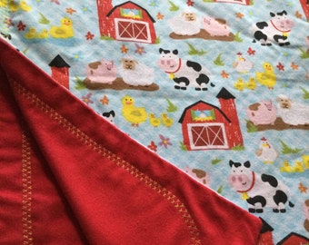 Farm Friends at the Red Barn - embroidered flannel blanket SHIPS FREE