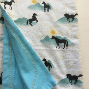 Embroidered Horse Baby Blanket: Aqua & Gold Flannel, 40&quot;x40&quot;