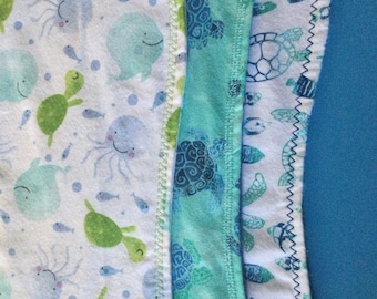 Turtle Burp Cloths - set of 3- flannel, double sided and embroidered. Ships free