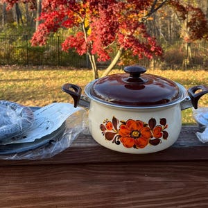 Vintage NEW fondue set floral enamel brown pot Japanese showa era NOS made in Japan flowers flower power