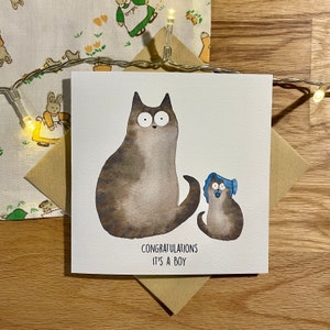 Nieuwe babykaart, It's A Boy, babyjongenkaart, kattenkaart, grappige kaart.