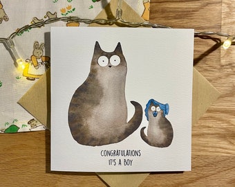 New Baby Card, It's A Boy, Baby Boy Card, Cat Card, Funny Card.