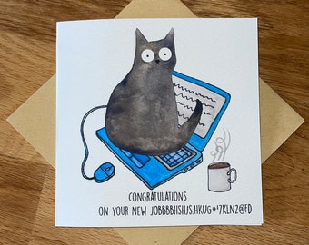 Nouvelle carte de travail, nouvelle carte de travail, carte drôle de chat, carte de chat.