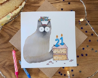 21st Birthday Card, 21st Birthday Cat Card, Cat Birthday Card, Funny Birthday Card.
