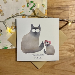 Nouvelle carte de bébé, C'est une fille, carte de bébé fille, carte de chat