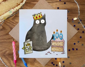 100th Birthday Card, 100th Birthday Cat Card, Cat Birthday Card, Funny Birthday Card, Queen Elizabeth II.