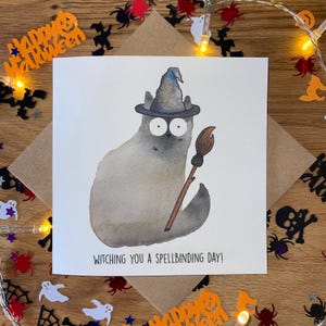 Carte d'Halloween, carte d'Halloween de chat, carte de sorcière, carte d'Halloween drôle, vous offrant une journée envoûtante.
