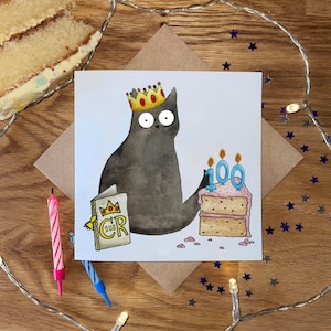 100e anniversaire carte, 100e anniversaire chat carte, chat carte d'anniversaire, carte d'anniversaire drôle, roi Charles III.