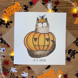 Carte d'Halloween, carte d'Halloween chat, carte d'Halloween citrouille, carte d'Halloween drôle, Cat O' Lantern.