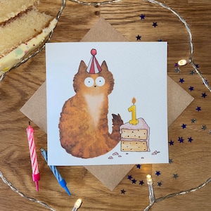 Carte de 1er anniversaire, carte de chat de 1er anniversaire, carte d'anniversaire de chat, carte d'anniversaire drôle.