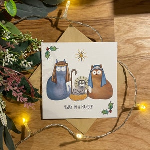 Carte de Noël, carte de Noël de chat, carte de Noël de la Nativité, chat de Noël, chats.