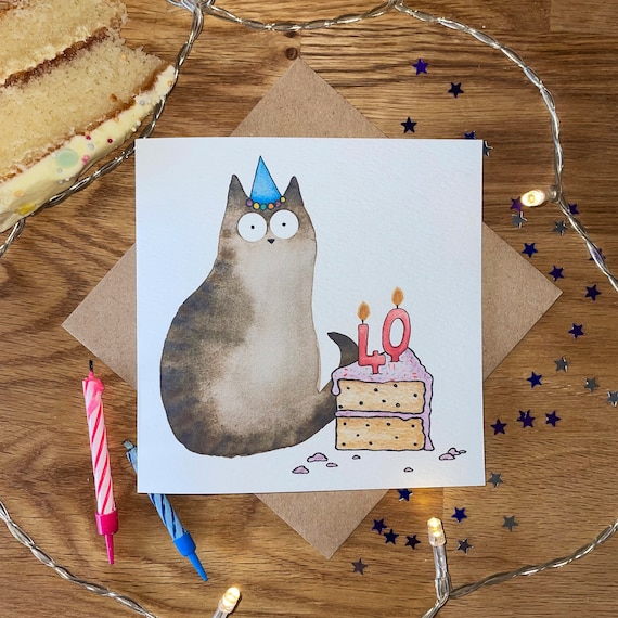 40th Birthday Card 40th Birthday Cat Card Cat Birthday Card - Etsy