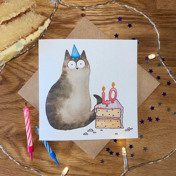 40th Birthday Card, 40th Birthday Cat Card, Cat Birthday Card, Funny Birthday Card.