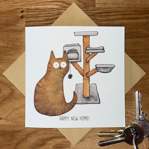Carte nouvelle maison, Carte nouvelle maison chat, Carte drôle de chat, Carte nouvelle maison heureuse (arbre à chat)