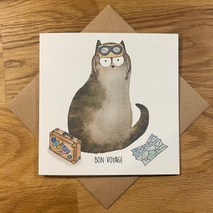 Biglietto di auguri Bon Voyage, biglietto di auguri con gatto, biglietto di auguri con gatto divertente.