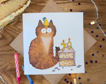 70th Birthday Card, 70th Birthday Cat Card, Cat Birthday Card, Funny Birthday Card.