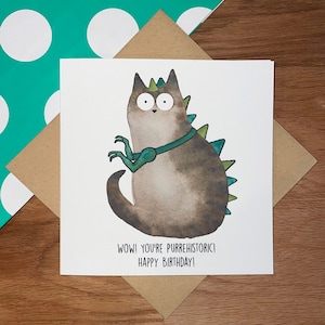 Carte d'anniversaire de chat, carte de chat, carte d'anniversaire, carte de chat drôle, carte de dinosaure, carte de dinosaure.