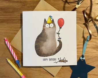 Cat Birthday Card, Funny Birthday Card, Mouse Present.