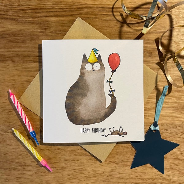 Cat Birthday Card, Funny Birthday Card, Mouse Present.