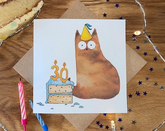 30th Birthday Card, 30th Birthday Cat Card, Cat Birthday Card, Funny Birthday Card.
