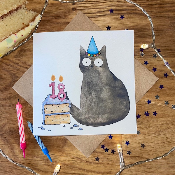 18th Birthday Card, 18th Birthday Cat Card, Cat Birthday Card, Funny Birthday Card.