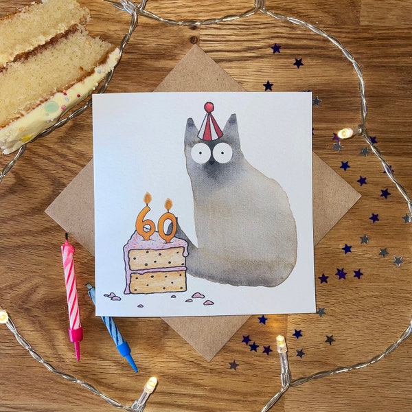 60th Birthday Card, 60th Birthday Cat Card, Cat Birthday Card, Funny Birthday Card.