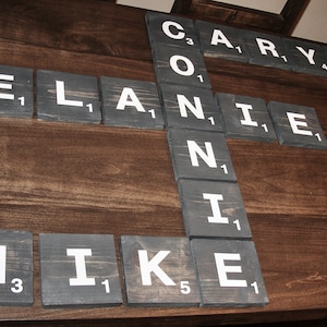 Large 5.5 inch Custom Personalized Scrabble Wall Art Wood Tiles Letters with Points - Rustic Wood Tiles Handpainted or Vinyl - with Scores