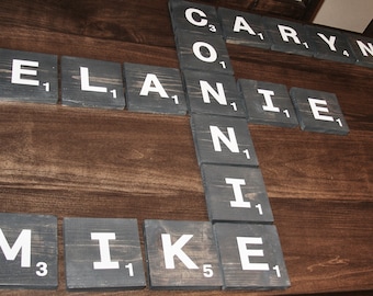 Large 5.5 inch Custom Personalized Scrabble Wall Art Wood Tiles Letters with Points - Rustic Wood Tiles Handpainted or Vinyl - with Scores