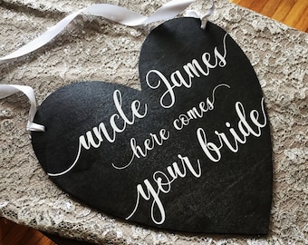 Custom Double Side Wedding Heart Shaped Wood Sign - Just married - Here Comes The Bride "your text" Ring Bearer Flower Girl Painted or Vinyl