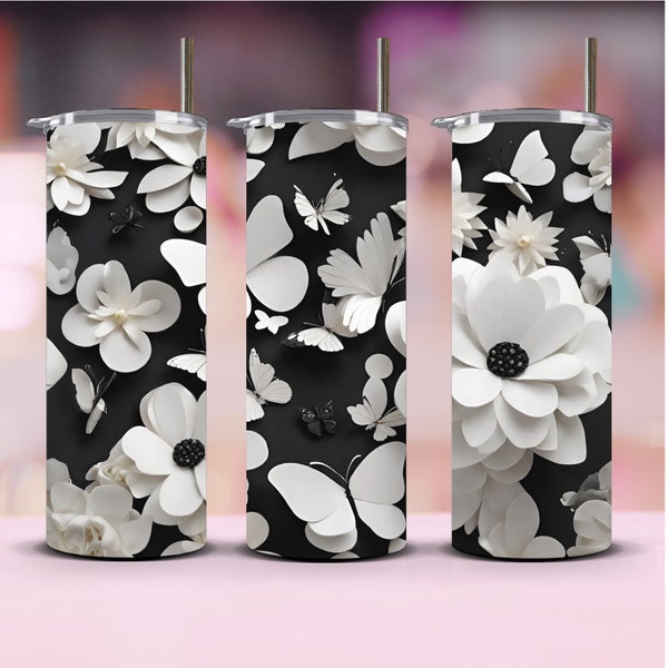 20oz 3D Butterfly Seamless Sublimation Modern Floral Design, Digital Download Sublimation PNG, Seamless 20oz Tumbler Wrap Flower Design