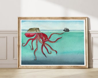 Kraken Watercolor Art Print, Watercolor Painting, Ocean Print, Giclee, Watercolor Art, Wall Decor, Wall Art, Gold, Octopus, Ocean, Sea