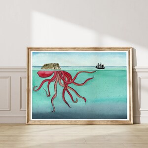 Kraken Watercolor Art Print, Watercolor Painting, Ocean Print, Giclee, Watercolor Art, Wall Decor, Wall Art, Gold, Octopus, Ocean, Sea image 2