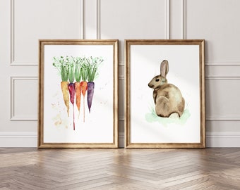 Bunny & Carrots Art Prints | Watercolor Painting | Vegetable Art | Easter | Rabbit | Spring decor | Botanical | Wall Decor | Wall Art