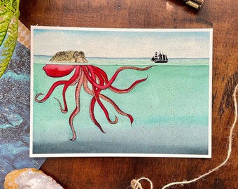 Kraken Watercolor Art Print, Watercolor Painting, Ocean Print, Giclee, Watercolor Art, Wall Decor, Wall Art, Gold, Octopus, Ocean, Sea