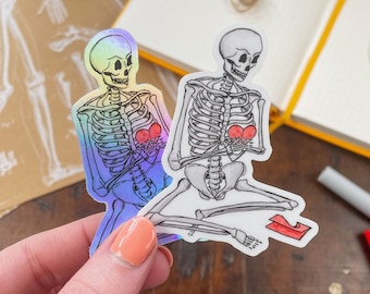 Skelly das Skelett Vinyl-Aufkleber, holographisch, Papierherz, Laptop-Aufkleber, Planer-Aufkleber, Tumbler-Aufkleber, Vinyl-Aufkleber, Aufkleber