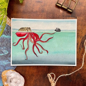 Kraken Watercolor Art Print, Watercolor Painting, Ocean Print, Giclee, Watercolor Art, Wall Decor, Wall Art, Gold, Octopus, Ocean, Sea image 1