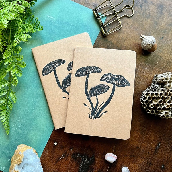 Pixie Cap Mushrooms Handprinted Notebook | A6 | Lino Print | Linocut | Travelers Notebook | Blank | Lined | Journal
