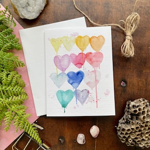 Rainbow Hearts Card, Valentines card, Anniversary Card, Watercolor card, Stationery