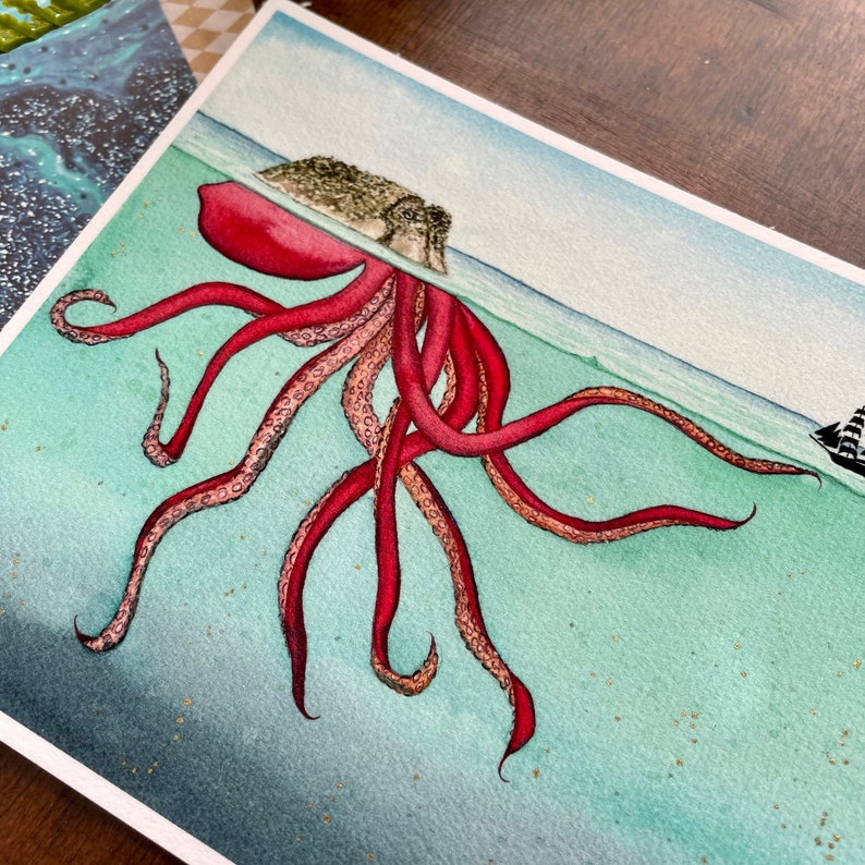 Kraken Watercolor Art Print, Watercolor Painting, Ocean Print, Giclee, Watercolor Art, Wall Decor, Wall Art, Gold, Octopus, Ocean, Sea image 4